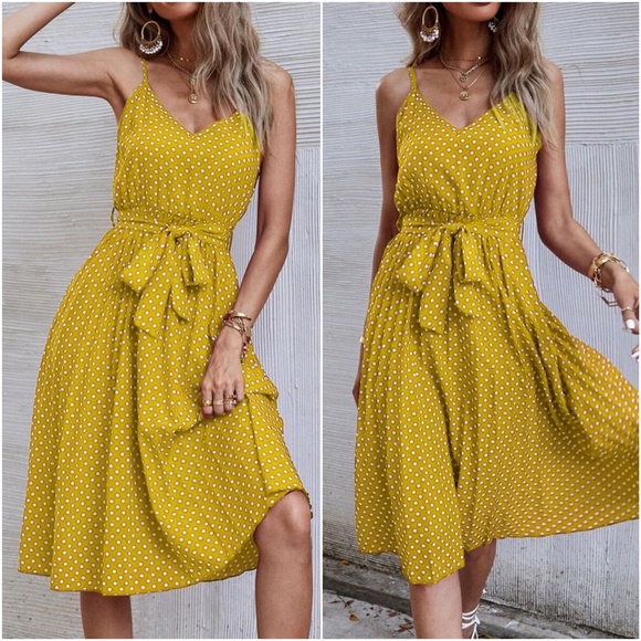 Bellanblue Dresses & Skirts - Boho Polka Dot Belted V neck Cami Dress Yellow